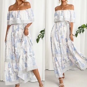 Boho floral print off shoulder maxi dress